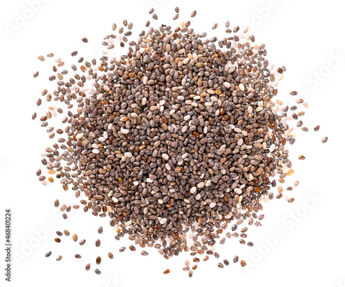 Chia seeds isolated on white background. Healthy superfood. Closeup macro of small organic chia seeds. Top view.