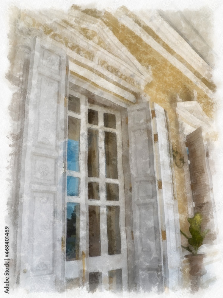 ancient building european architecture watercolor style illustration impressionist painting.
