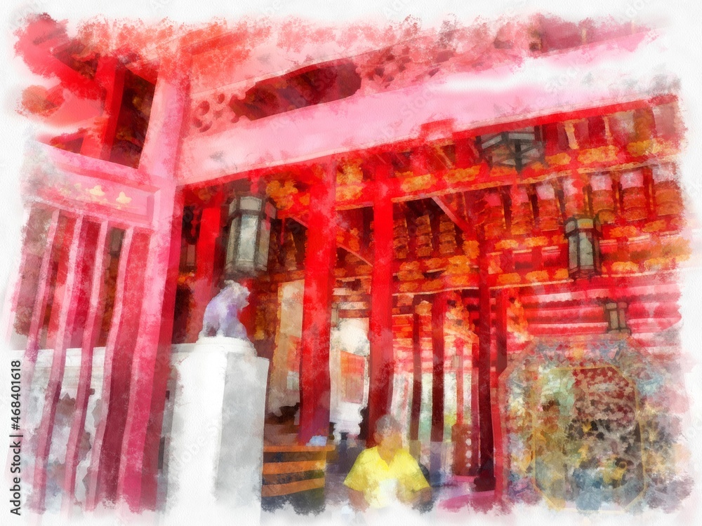 ancient chinese mansion watercolor style illustration impressionist painting.