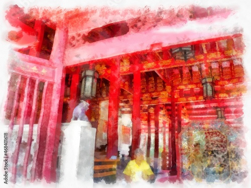 Fototapeta Naklejka Na Ścianę i Meble -  ancient chinese mansion watercolor style illustration impressionist painting.