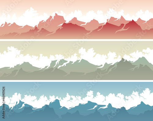 Set of vector horizontal banners with clouds and snowy mountain range.