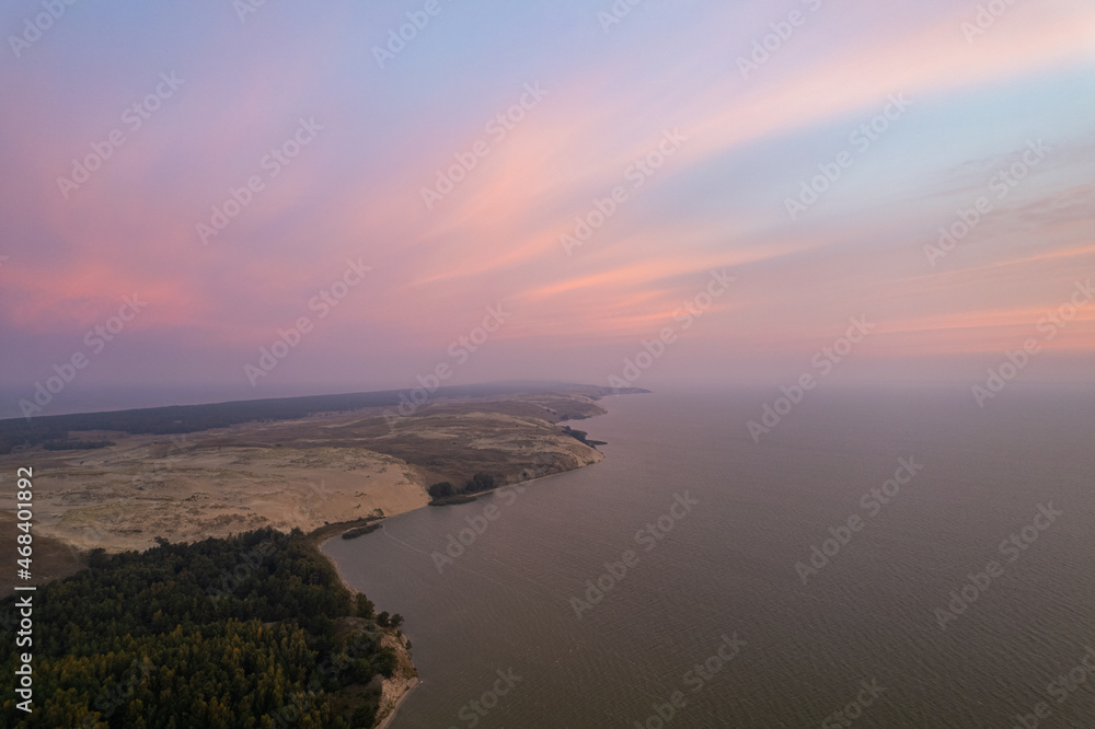 Aerial autumn fall sunrise view of Dead (Grey) Dunes in Curonian Spit, Lithuania
