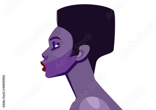 Vector illustration of the women head portrait from left side view with purple tones