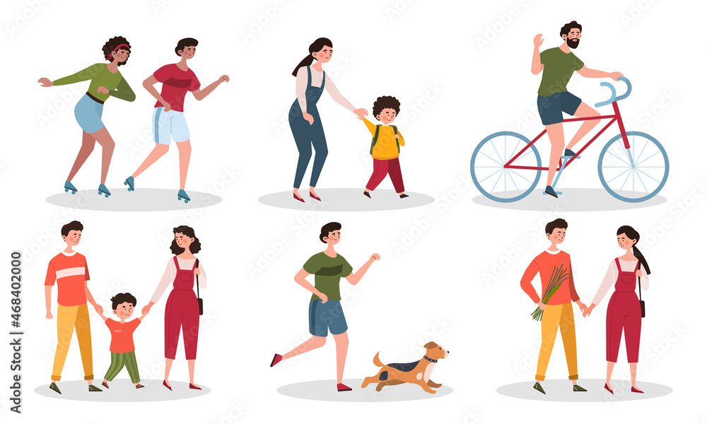Set of People walk. Characters walking with dog, couple, family or child. Men and women spend time together. Person rides bicycle. Cartoon flat vector collection isolated on white background