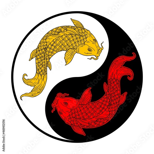 Two koi carps. Yin yang symbol. Vintage engraving monochrome illustration. Isolated on white