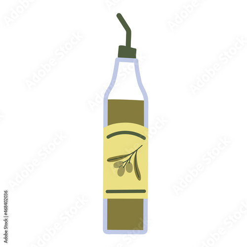 Olive oil in a glass jar. Bottle with fresh extra virgin oil isolated on white background. Flat cartoon illustration