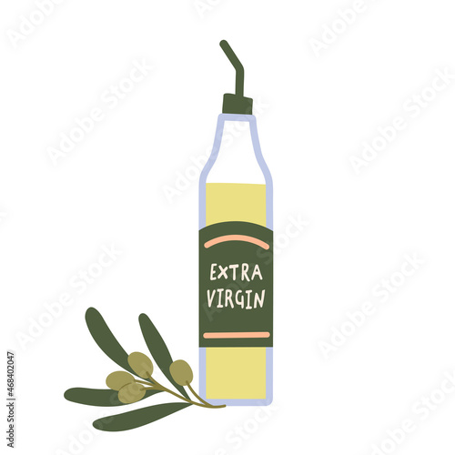 Olive oil in a glass jar. Composition with glass bottle and olive branch with fruits. Fresh extra virgin oil isolated on white background. Flat cartoon illustration