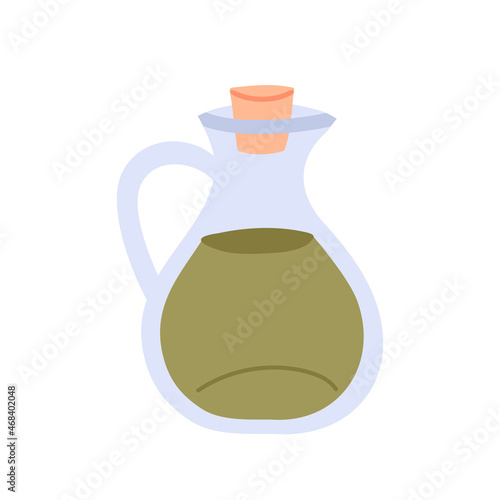 Olive oil in a glass jug. Bottle with fresh extra virgin oil isolated on white background. Flat cartoon illustration