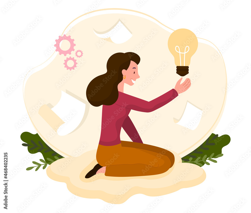 Concept of creativity. Young woman sitting on floor and holding large light bulb. Metaphor for brainstorming and coming up with innovative ideas. Problem solving. Cartoon flat vector illustration