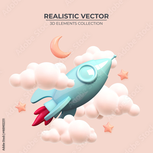 Rocket ship in space around the crescent and stars. Realistic 3d rocket. Vector illustration with flying shuttle. Space travel. Space rocket. Launch new project start up concept. Vector illustration