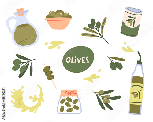 Olives and olive oil set. Extra virgin oil in pitcher, pitted vegetables in metal and glass jars. Mediterranean food ingredients. Fat plant from Greece or Italy. Flat cartoon illustration