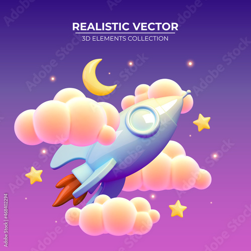 Rocket in dark space around the shines crescent and stars. Realistic 3d rocket. Vector illustration with flying shuttle. Space travel. Launch new project start up concept. Vector illustration