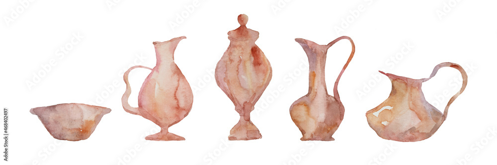 Watercolor hand drawnset of vases on white background Watercolor hand drawnset of vases on white background