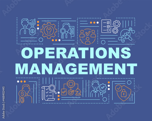 Operations management navy word concepts banner. Monitoring production. Infographics with linear icons on blue background. Isolated creative typography. Vector outline color illustration with text