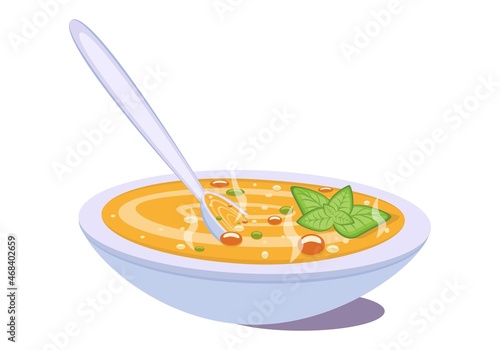 Soup. First course. A plate of food. Breakfast. Food. Cooking. Menu. Drawing for web design. Cartoon flat illustration. Close-up. Cooking. Vector.