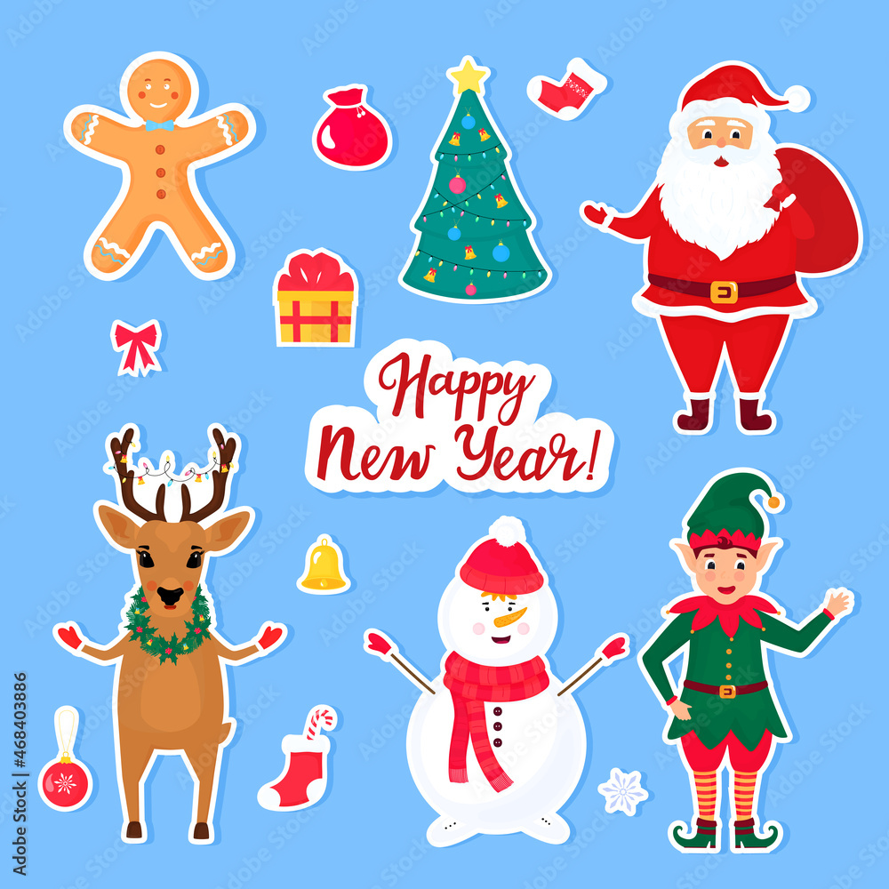 Traditional Christmas and New Year's cartoon characters and objects for creating invitations, cards, posters for celebration. set of stickers
