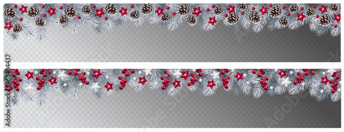 Vector border with white fir branches and with festive decoration elements on transparent background. Christmas tree garland with fir branches, pine cones, and glass decoration