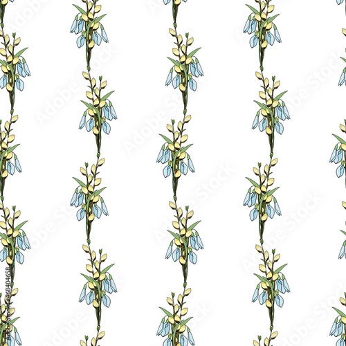 Seamless pattern with a linear ornament from bouquets of spring flowers snowdrops, pussy willow.