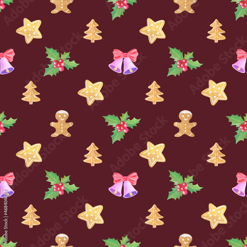 Christmas seamless pattern with the image of a holly branch, bells, gingerbreads in the shape of a star, spruce, little men, watercolor illustration on a red background.