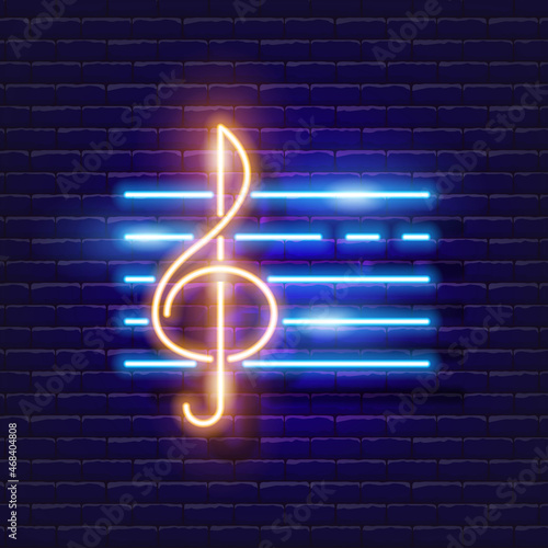 Treble clef neon icon. Music glowing sign. Music concept. Vector illustration for Sound recording studio design, advertising, signboards, vocal studio.