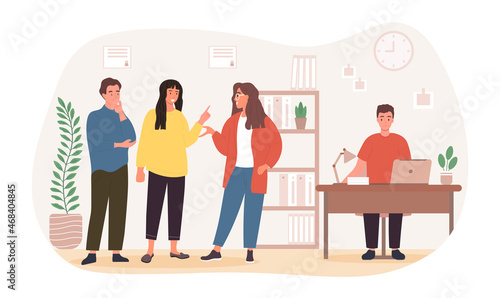 New employee at collective. Men and women do not pay attention to colleague. Sad man sitting at desk and working on laptop. Team does not accept new member of company. Cartoon flat vector illustration