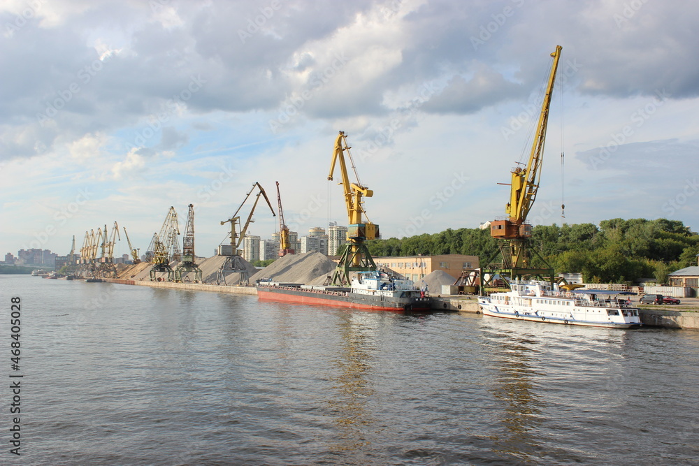 Cargo port, port cranes on the Moskva River