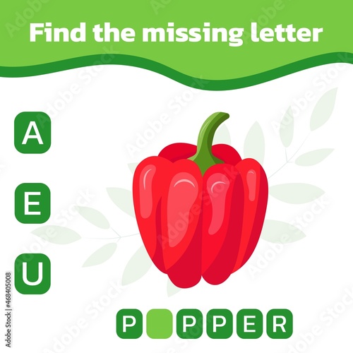 Find and write the missing letter. Worksheet for education. Mini-game for children. Vector illustration