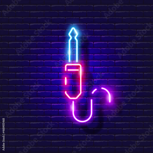 Microphone jack neon icon. Plug for connection glowing sign. Music concept. Vector illustration for Sound recording studio design, advertising, signboards, vocal studio.