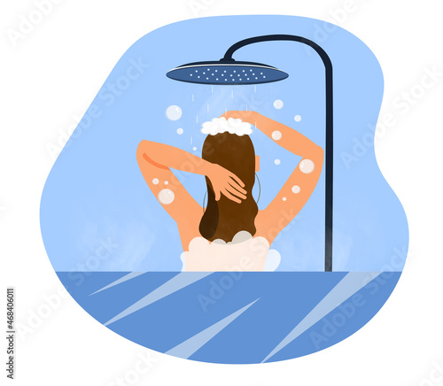 Woman taking shower. Hygiene, cleanliness, beauty. Cosmetics, bathroom indoor, apartment, comfort. Morning routine concepts. Character washing head with shampoo. Cartoon flat vector illustration
