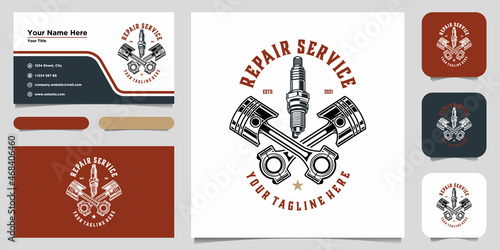 Vintage motorcycle repair service label with inscriptions and crossed pistons isolated vector illustration. Logo design and business card