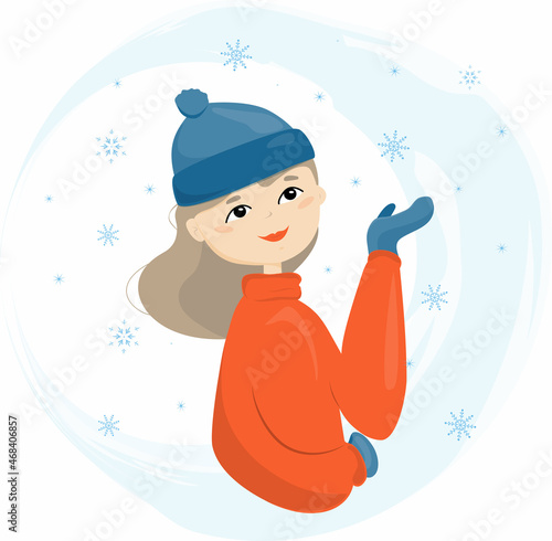 A girl in a winter sweater, mittens and a hat catches snowflakes on a winter background with snow. Vector illustration in a flat cartoon style. The concept of winter, the first snow