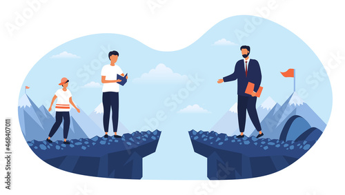 Successful growing up. Businessman teaches others about entrepreneurship. Leader leads. Successful person. Man stands on second side above abyss. Teacher, gap. Cartoon flat vector illustration