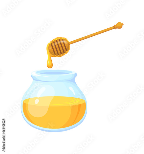 Cartoon honey jar comb. Bee ingredient flowing drip from wooden spoon into pot, vector illustration