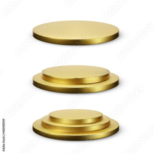 Set of round gold podium platform. Empty stage with different levels