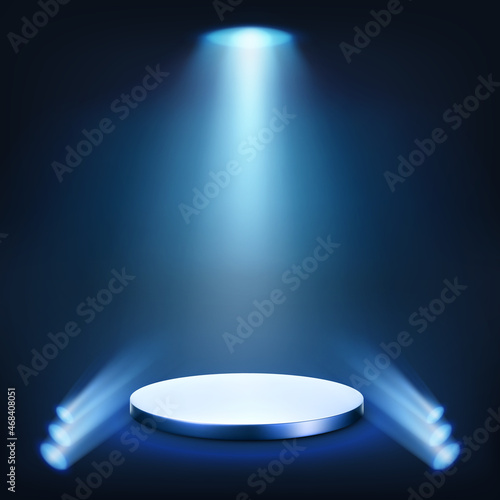Shining spotlights and blue empty scene. Elegant promotion design template. Studio or stage background