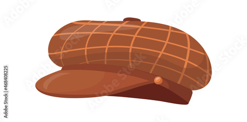 Cartoon peaked cap. Brown checkered retro hat of worker, vector illustration
