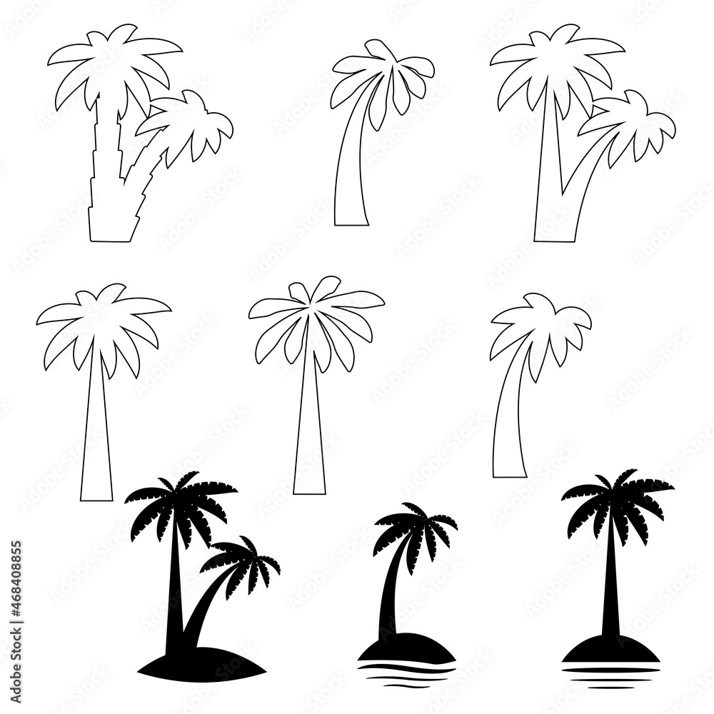 Set tropical palm trees with leaves, mature and young plants, black silhouettes isolated on white background.