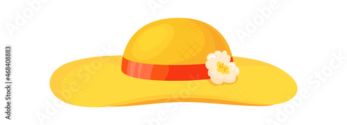 Cartoon straw hat. Yellow sunhat, female elegant clothes, vector illustration