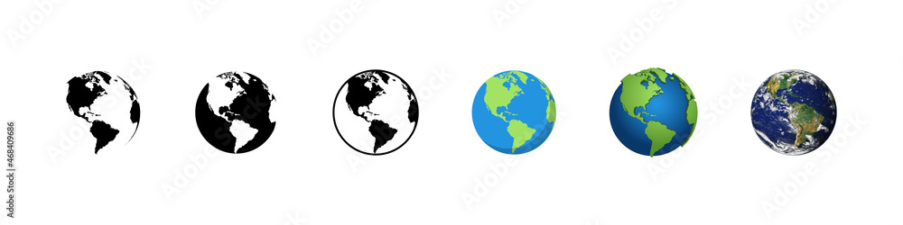 Earth globe planet earth in different designs. Vector illustration
