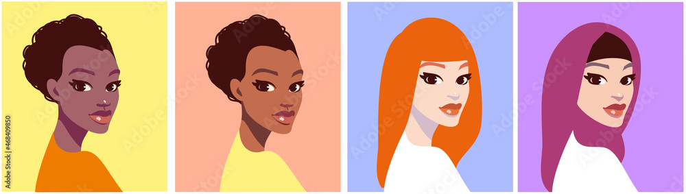 Bundle of different female avatar collection. Set of colorful user woman portraits in different human races.