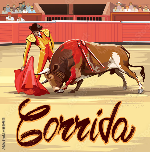 Corrida in Spain, vector illustration of bull and toreador. Poster of classical Spanish Corrida