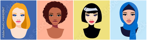 Set of colorful user woman portraits in different races and cultural stylistic fashion. Bundle of different female avatars