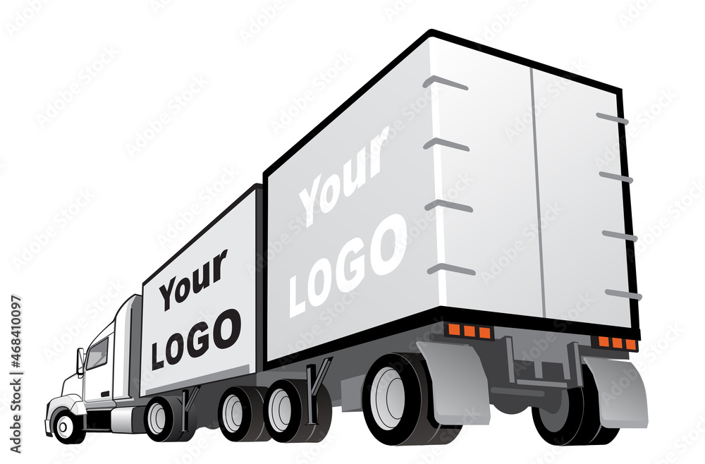 Truck with two trailers. View from side and behind. Option for logo addition on the trailers. Vector illustration.