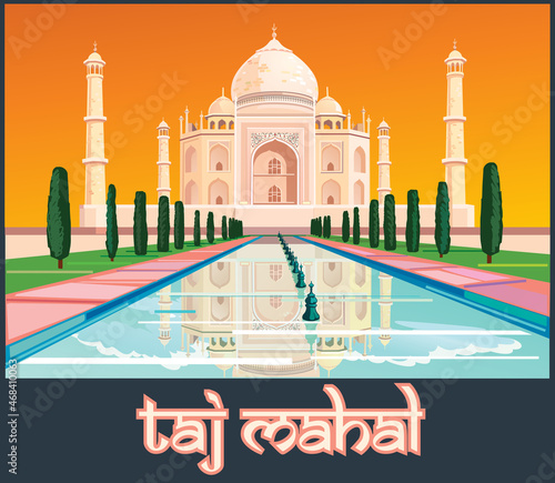Poster image of the Taj Mahal. Beautiful sunset with Taj mahal India. 