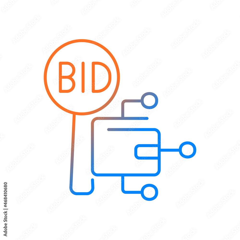 Cryptocurrency auction gradient linear vector icon. Crypto currency bidding and trading. High technology. Digital money. Thin line color symbol. Modern style pictogram. Vector isolated outline drawing Cryptocurrency auction gradient linear vector icon. Crypto currency bidding and trading. High technology. Digital money. Thin line color symbol. Modern style pictogram. Vector isolated outline drawing