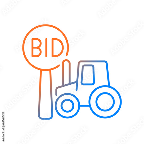 Farm auction gradient linear vector icon. Selling equipment and machinery for farming. Bargaining for farm tools. Thin line color symbol. Modern style pictogram. Vector isolated outline drawing