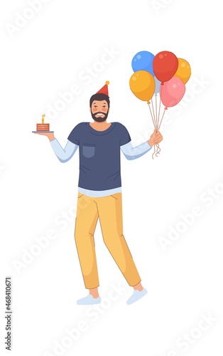 Congratulating man. Celebrator with cake and baloons, vector illustration