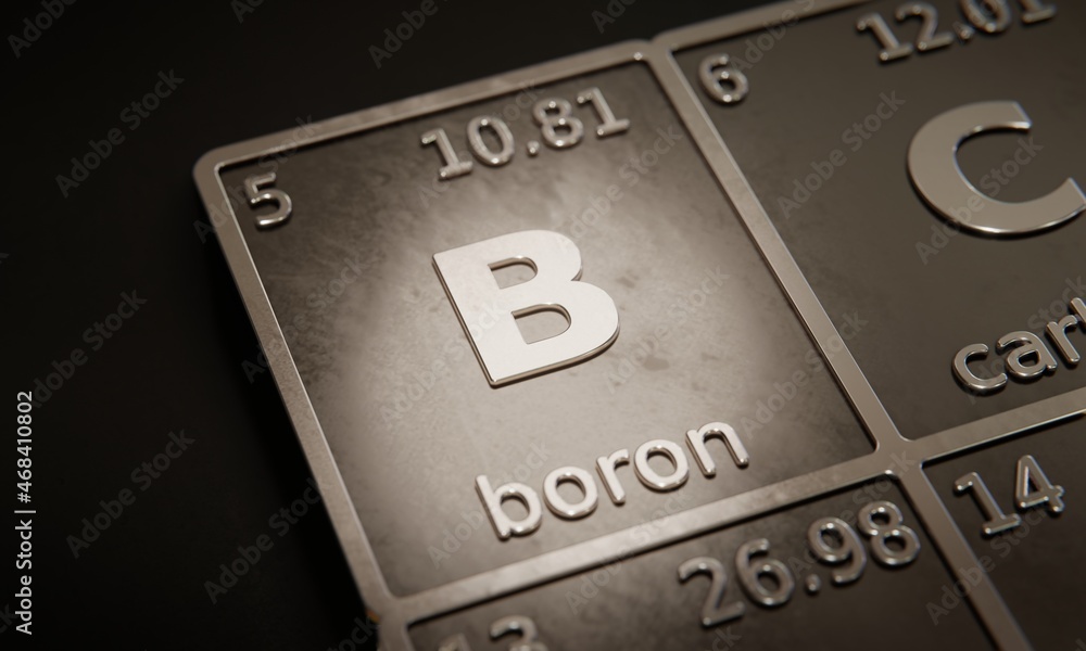 Highlight on chemical element Boron in periodic table of elements. 3D rendering Highlight on chemical element Boron in periodic table of elements. 3D rendering