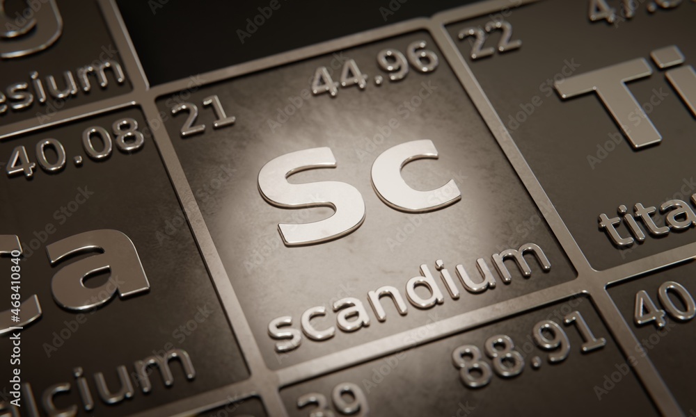 Highlight on chemical element Scandium in periodic table of elements. 3D rendering