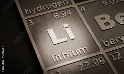 Highlight on chemical element Lithium in periodic table of elements. 3D rendering